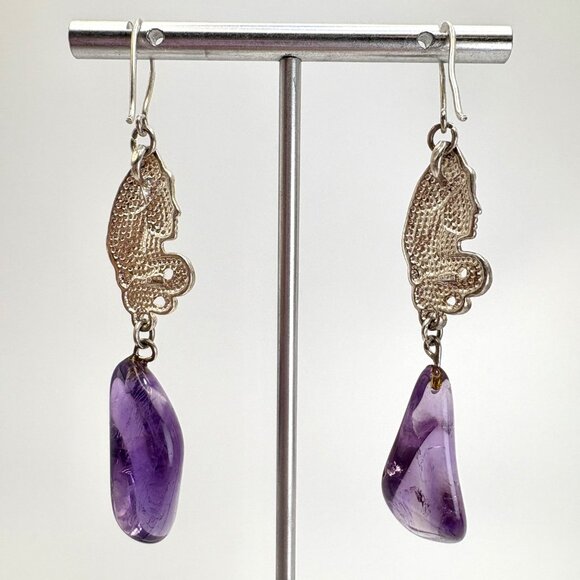 Sterling Silver 925 Amethyst Nugget Victorian Lady Dangle Earrings 3" Length - Picture 5 of 15
